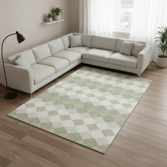 Artichoke Green Ivory And Taupe Geometric Washable Area Rug With UV Protection Photo 2