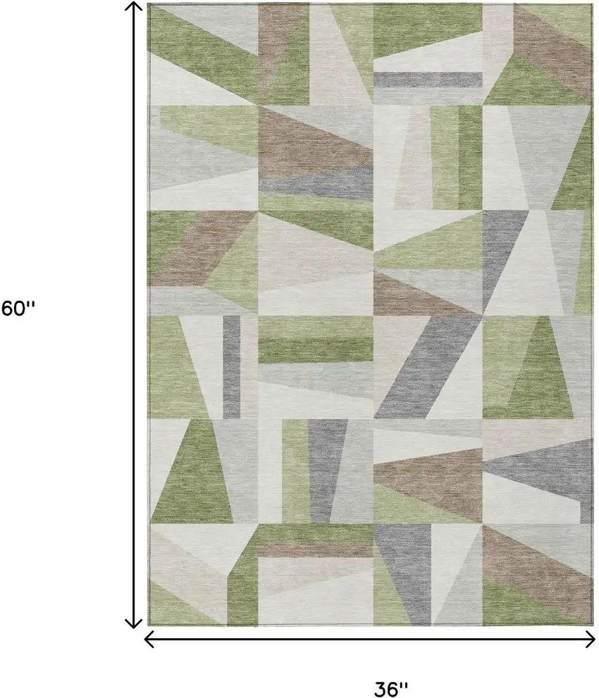 Artichoke Green Ivory And Taupe Geometric Washable Indoor Outdoor Area Rug Photo 3