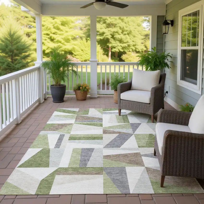 Artichoke Green Ivory And Taupe Geometric Washable Indoor Outdoor Area Rug Photo 9