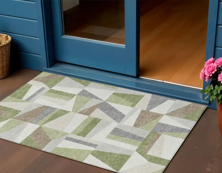 Artichoke Green Ivory And Taupe Geometric Washable Indoor Outdoor Area Rug Photo 1