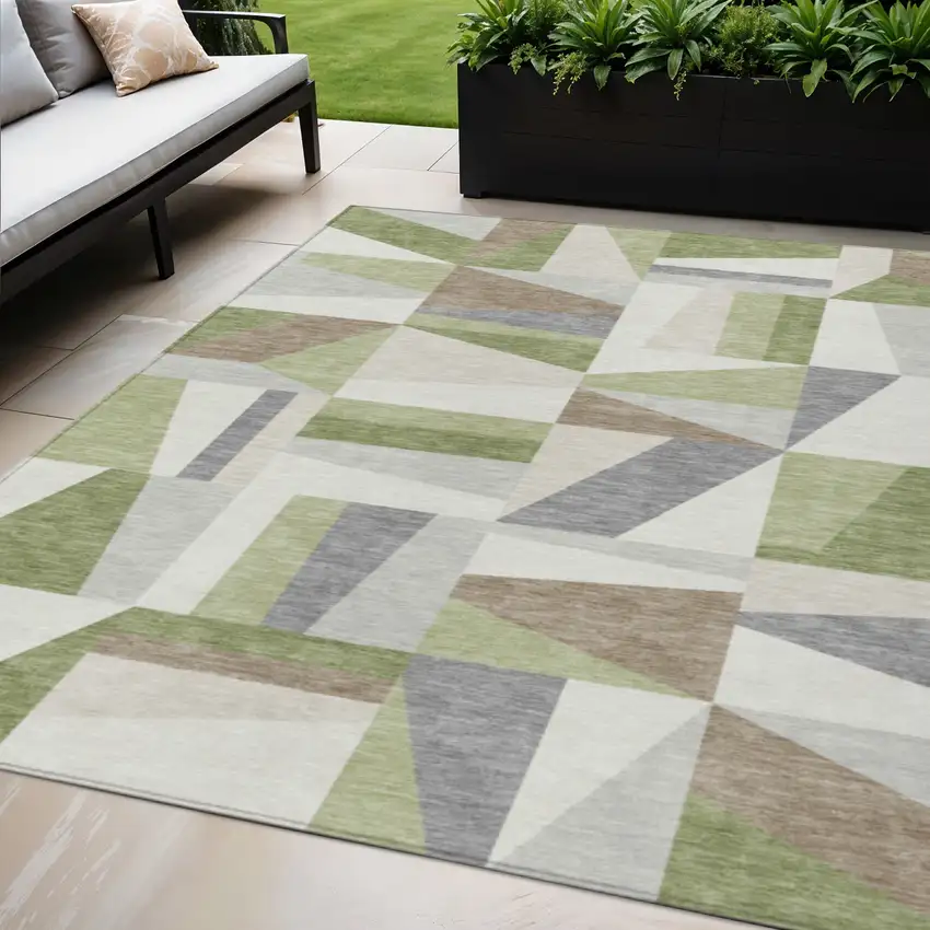 Artichoke Green Ivory And Taupe Geometric Washable Indoor Outdoor Area Rug Photo 1