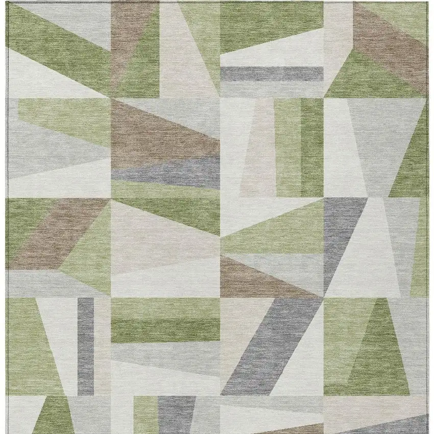 Artichoke Green Ivory And Taupe Geometric Washable Indoor Outdoor Area Rug Photo 6