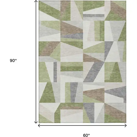 Artichoke Green Ivory And Taupe Geometric Washable Indoor Outdoor Area Rug Photo 3