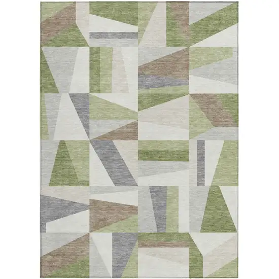 Artichoke Green Ivory And Taupe Geometric Washable Indoor Outdoor Area Rug Photo 4