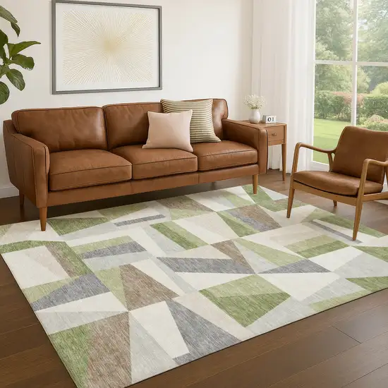 Artichoke Green Ivory And Taupe Geometric Washable Indoor Outdoor Area Rug Photo 9