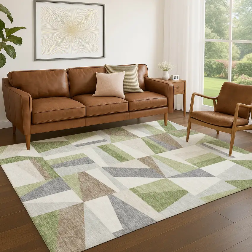 Artichoke Green Ivory And Taupe Geometric Washable Indoor Outdoor Area Rug Photo 9