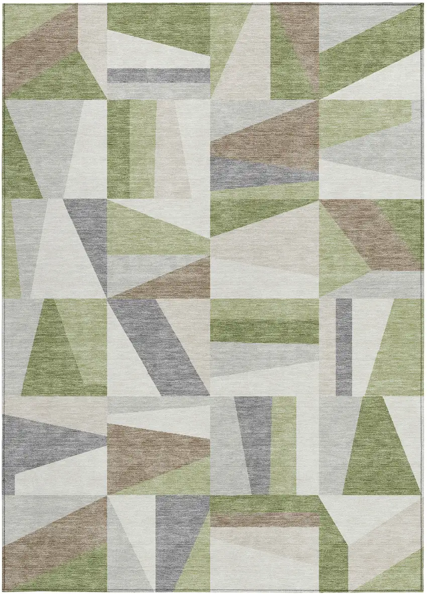 Artichoke Green Ivory And Taupe Geometric Washable Indoor Outdoor Area Rug Photo 4