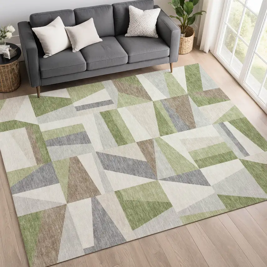 Artichoke Green Ivory And Taupe Geometric Washable Indoor Outdoor Area Rug Photo 9