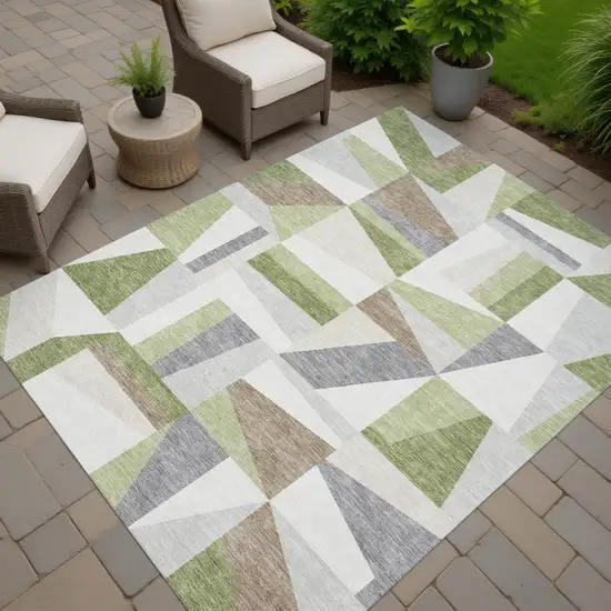 Artichoke Green Ivory And Taupe Geometric Washable Indoor Outdoor Area Rug Photo 6