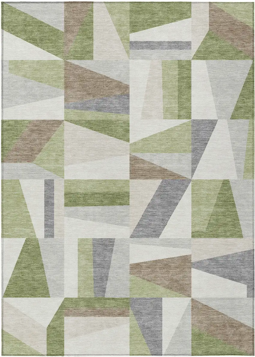 Artichoke Green Ivory And Taupe Geometric Washable Indoor Outdoor Area Rug Photo 2