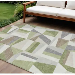Photo of Artichoke Green Ivory And Taupe Geometric Washable Indoor Outdoor Area Rug