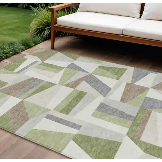 Artichoke Green Ivory And Taupe Geometric Washable Indoor Outdoor Area Rug Photo 1