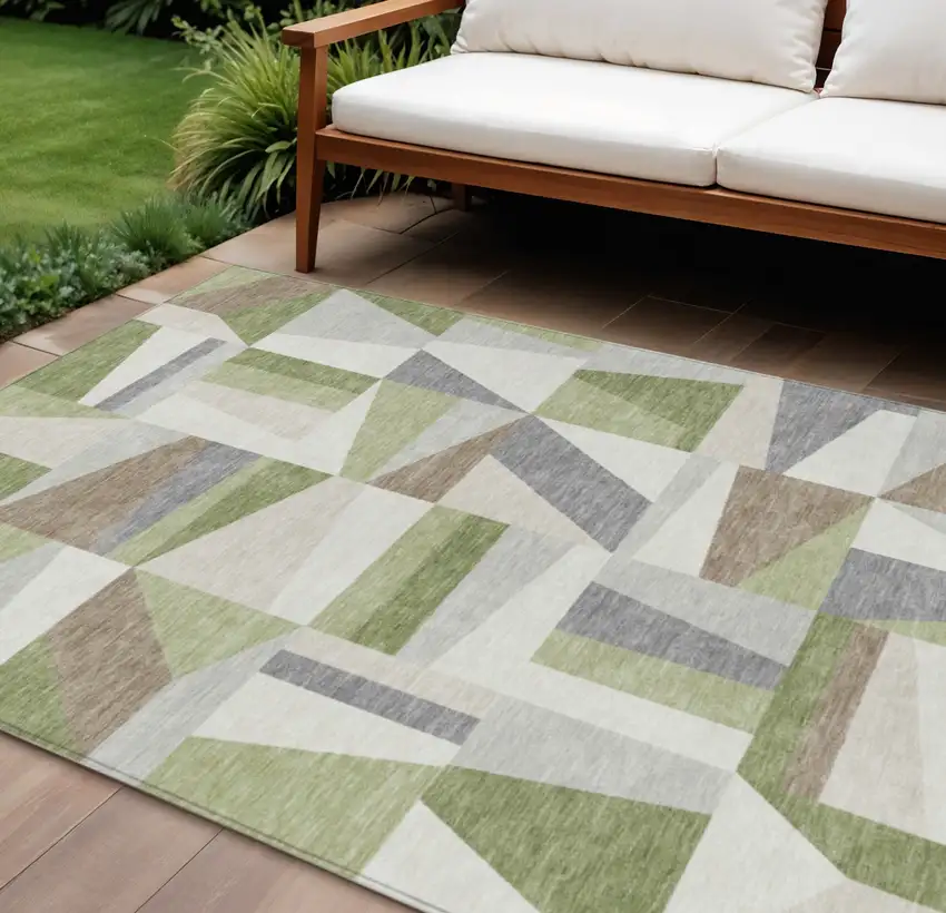 Artichoke Green Ivory And Taupe Geometric Washable Indoor Outdoor Area Rug Photo 1