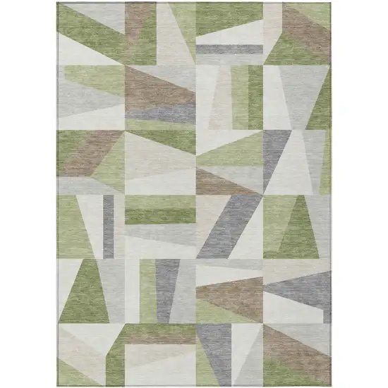 Artichoke Green Ivory And Taupe Geometric Washable Indoor Outdoor Area Rug Photo 2
