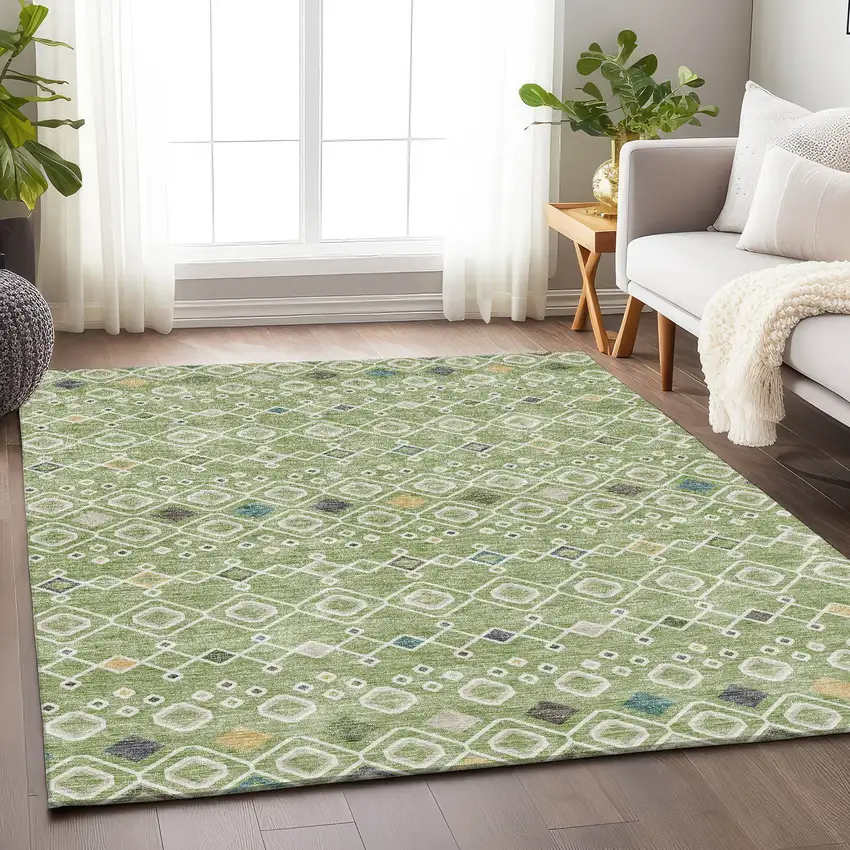 Artichoke Green Ivory And Teal Southwestern Washable Area Rug With UV Protection Photo 4