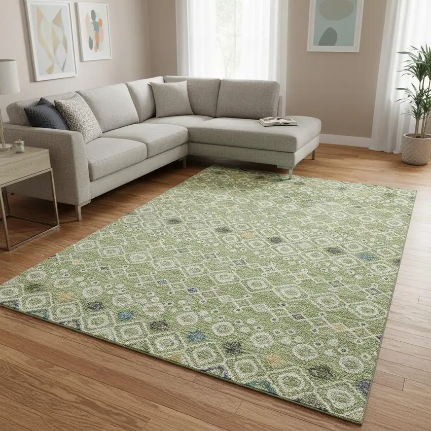Artichoke Green Ivory And Teal Southwestern Washable Area Rug With UV Protection Photo 2