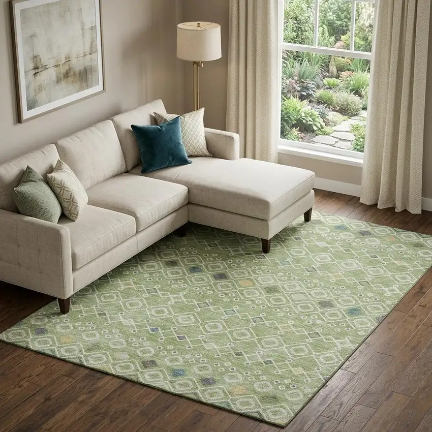 Artichoke Green Ivory And Teal Southwestern Washable Area Rug With UV Protection Photo 1