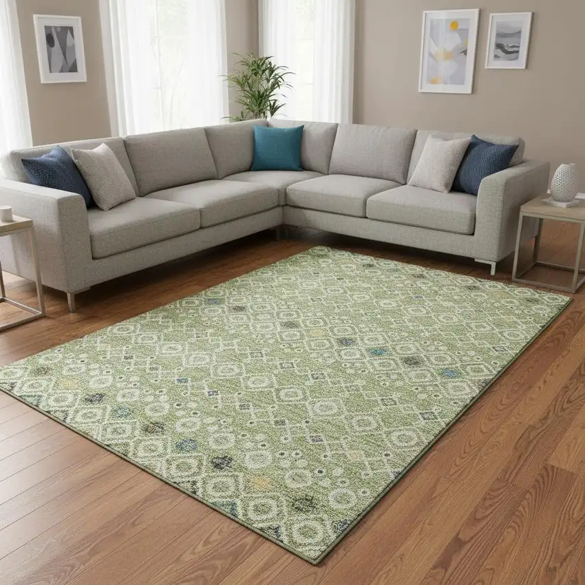 Artichoke Green Ivory And Teal Southwestern Washable Area Rug With UV Protection Photo 2
