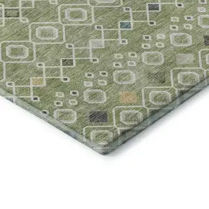 Photo of Artichoke Green Ivory And Teal Southwestern Washable Area Rug With UV Protection