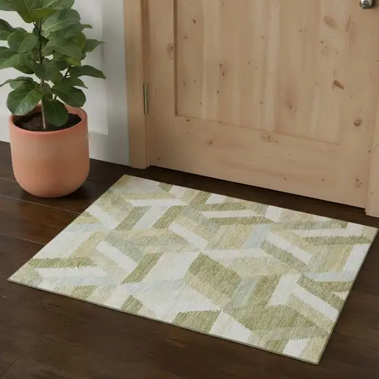 Artichoke Green Ivory And Wheat Geometric Washable Area Rug With UV Protection Photo 1