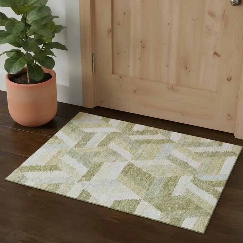 Artichoke Green Ivory And Wheat Geometric Washable Area Rug With UV Protection Photo 1