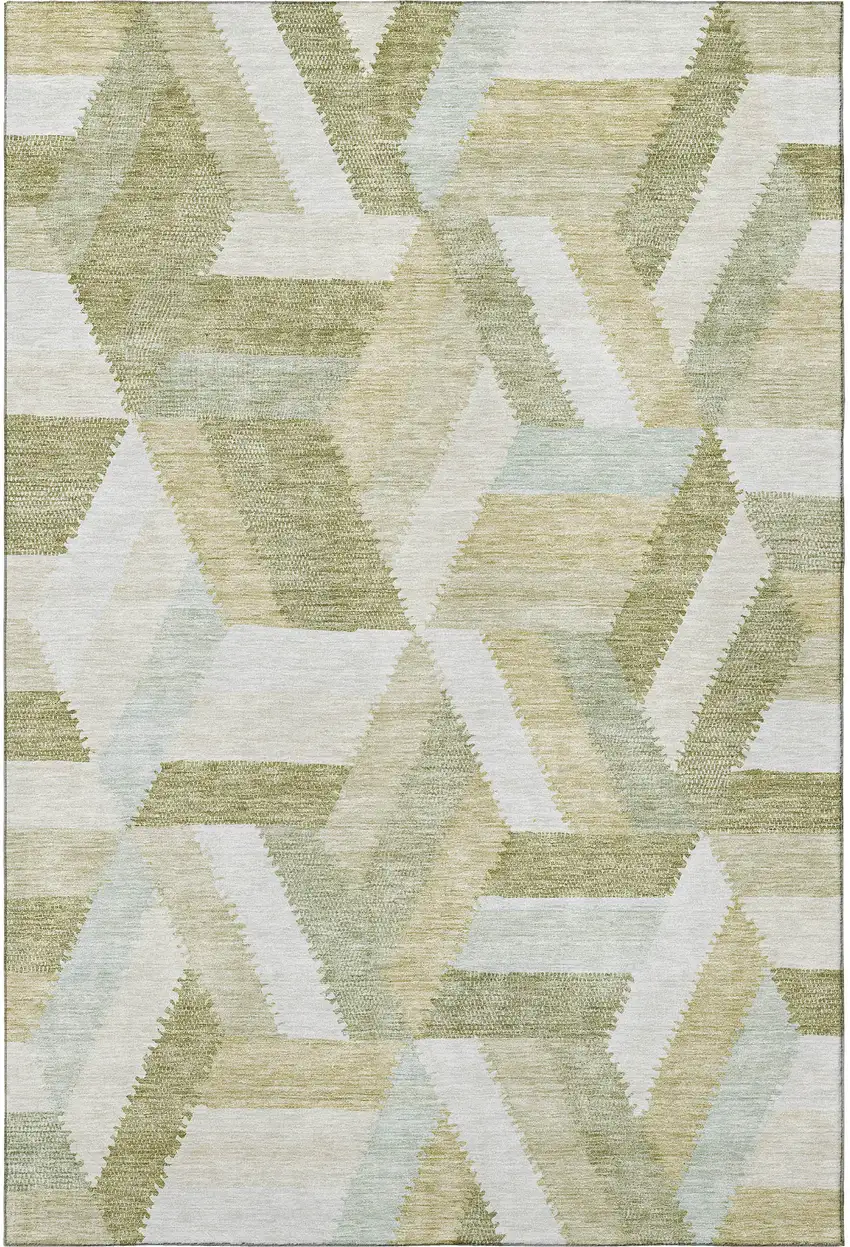 Artichoke Green Ivory And Wheat Geometric Washable Area Rug With UV Protection Photo 3
