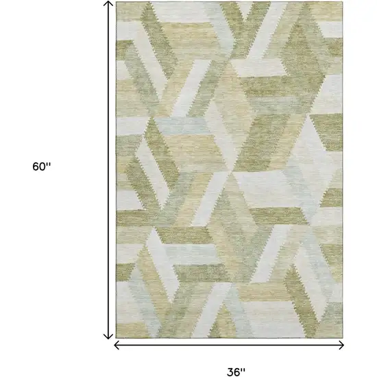 Artichoke Green Ivory And Wheat Geometric Washable Area Rug With UV Protection Photo 3