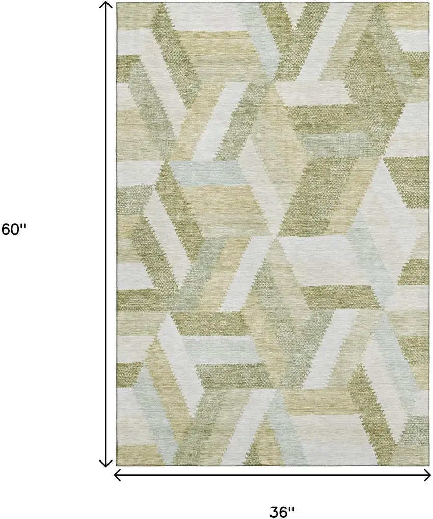 Artichoke Green Ivory And Wheat Geometric Washable Area Rug With UV Protection Photo 3