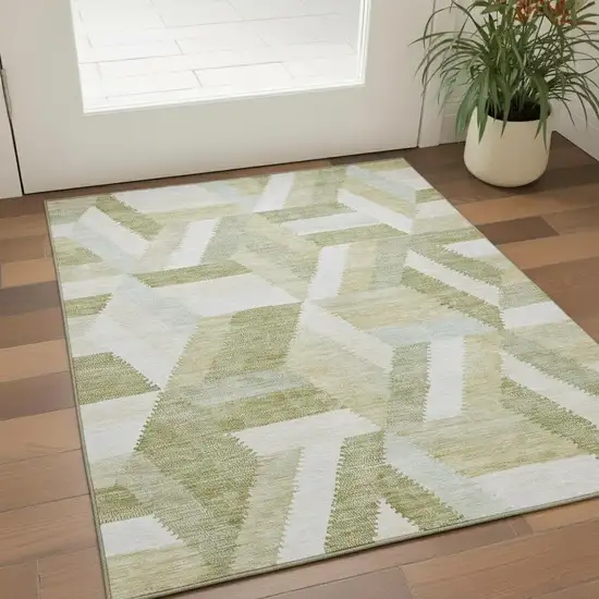 Artichoke Green Ivory And Wheat Geometric Washable Area Rug With UV Protection Photo 2