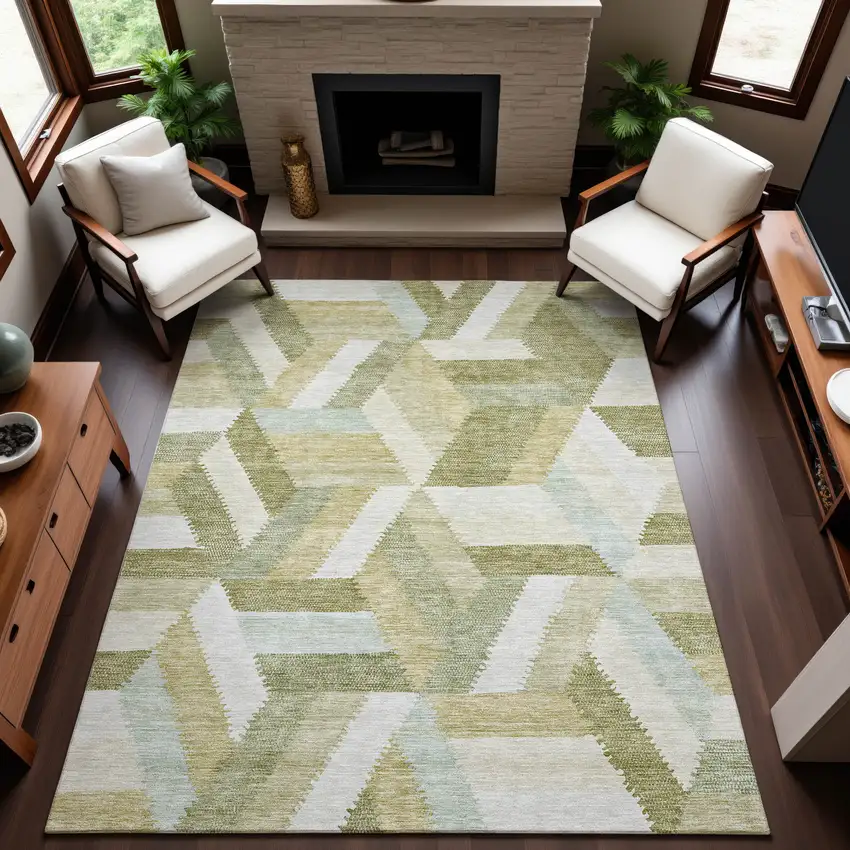Artichoke Green Ivory And Wheat Geometric Washable Area Rug With UV Protection Photo 4
