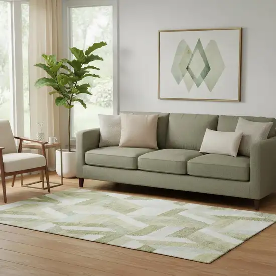 Artichoke Green Ivory And Wheat Geometric Washable Area Rug With UV Protection Photo 2