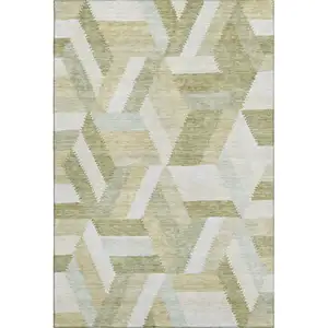 Photo of Artichoke Green Ivory And Wheat Geometric Washable Area Rug With UV Protection