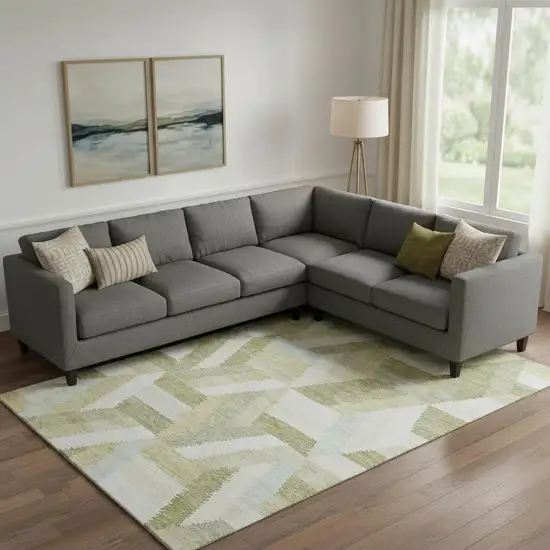 Artichoke Green Ivory And Wheat Geometric Washable Area Rug With UV Protection Photo 2