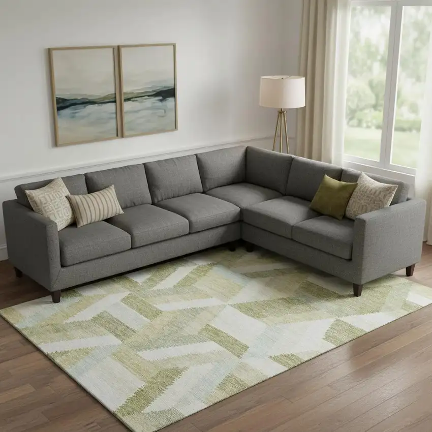 Artichoke Green Ivory And Wheat Geometric Washable Area Rug With UV Protection Photo 2