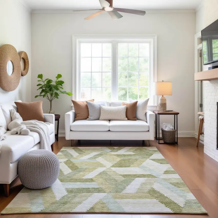 Artichoke Green Ivory And Wheat Geometric Washable Area Rug With UV Protection Photo 5