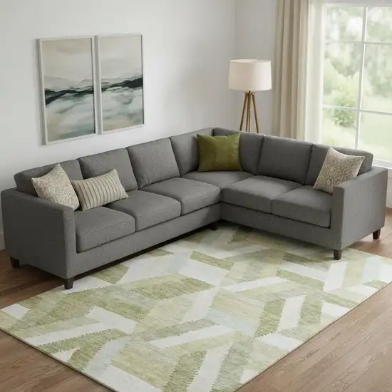 Artichoke Green Ivory And Wheat Geometric Washable Area Rug With UV Protection Photo 2