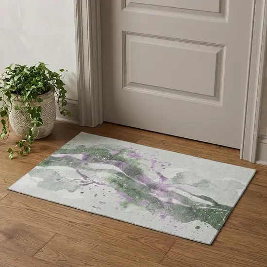 Artichoke Green Lavender And Ivory Abstract Washable Area Rug With UV Protection Photo 1