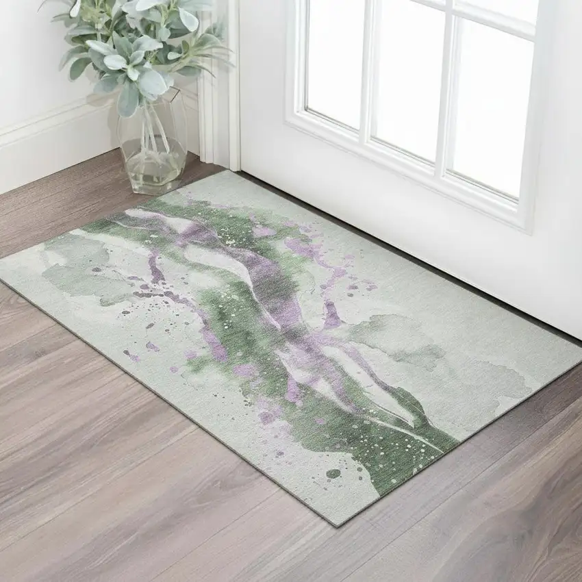 Artichoke Green Lavender And Ivory Abstract Washable Area Rug With UV Protection Photo 2