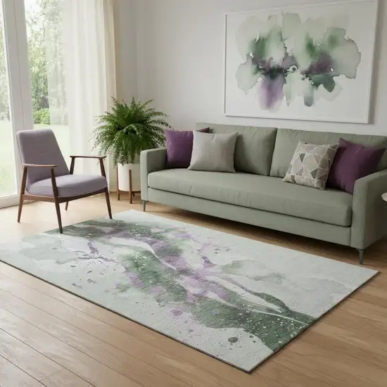 Artichoke Green Lavender And Ivory Abstract Washable Area Rug With UV Protection Photo 2