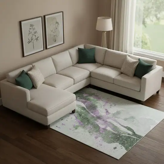 Artichoke Green Lavender And Ivory Abstract Washable Area Rug With UV Protection Photo 2