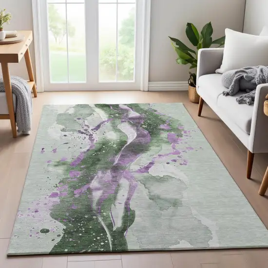 Artichoke Green Lavender And Ivory Abstract Washable Area Rug With UV Protection Photo 4