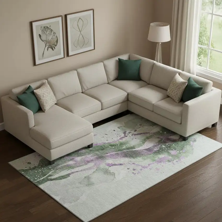 Artichoke Green Lavender And Ivory Abstract Washable Area Rug With UV Protection Photo 2