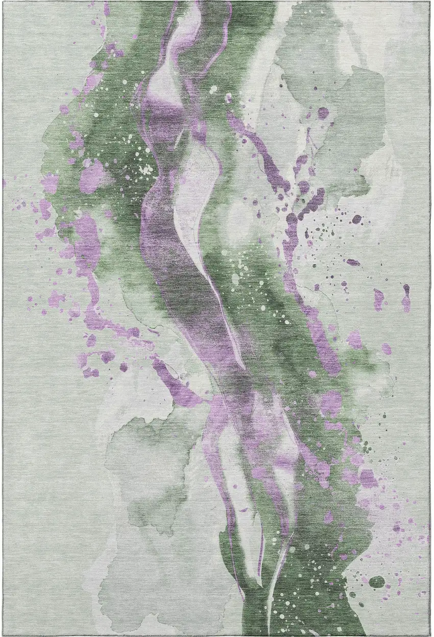 Artichoke Green Lavender And Ivory Abstract Washable Area Rug With UV Protection Photo 3