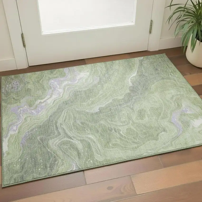 Artichoke Green Lavender And Ivory Abstract Washable Area Rug With UV Protection Photo 2