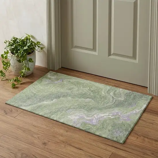 Artichoke Green Lavender And Ivory Abstract Washable Area Rug With UV Protection Photo 1