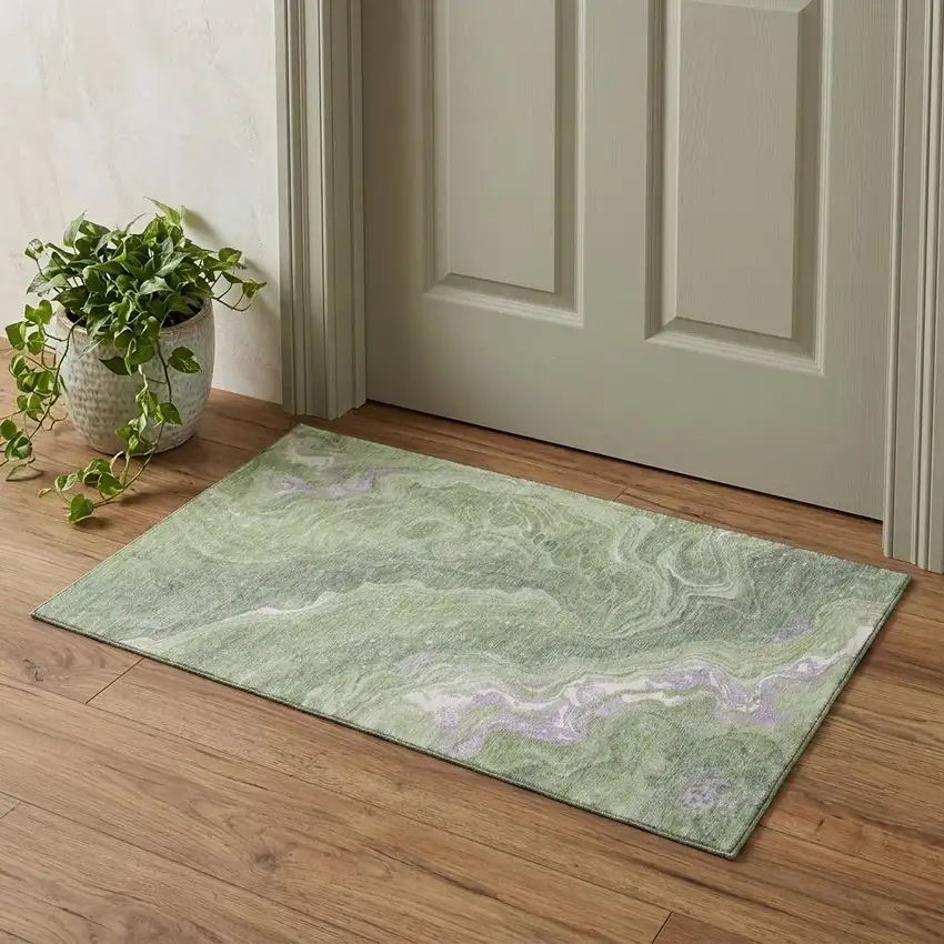 Artichoke Green Lavender And Ivory Abstract Washable Area Rug With UV Protection Photo 1