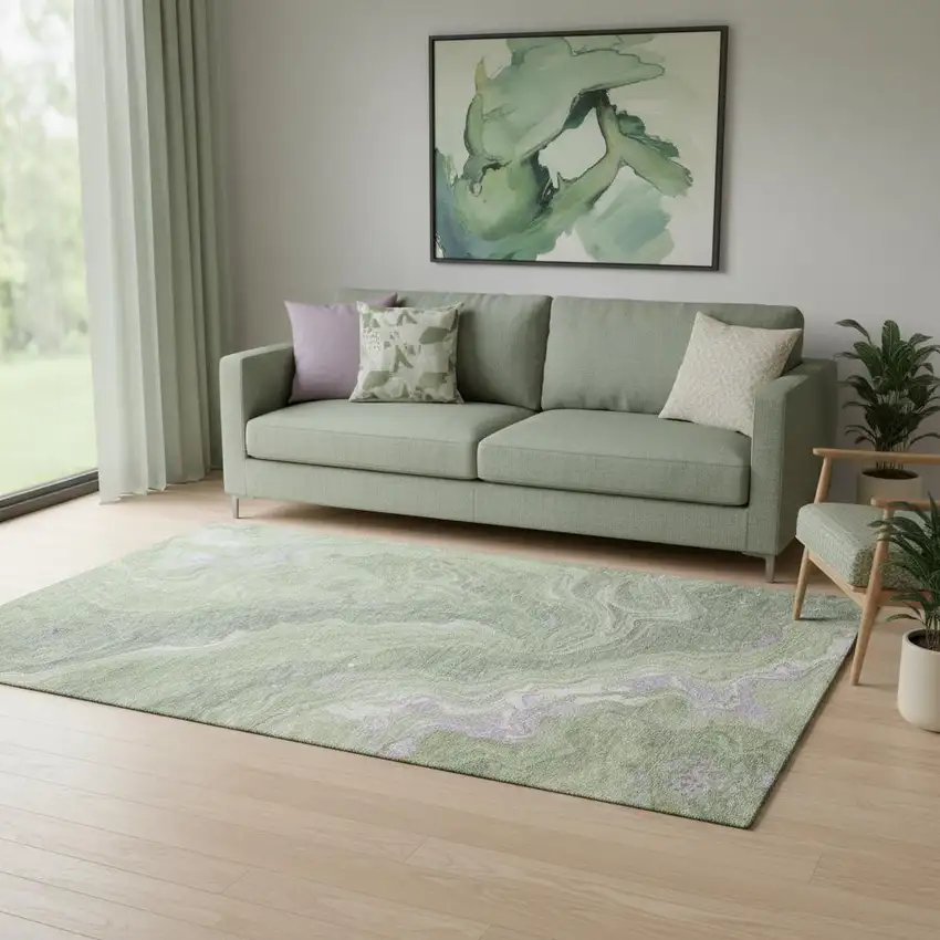 Artichoke Green Lavender And Ivory Abstract Washable Area Rug With UV Protection Photo 2