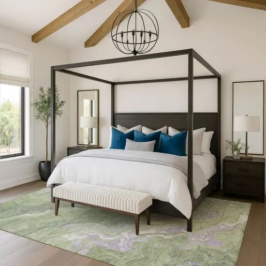 Artichoke Green Lavender And Ivory Abstract Washable Area Rug With UV Protection Photo 4