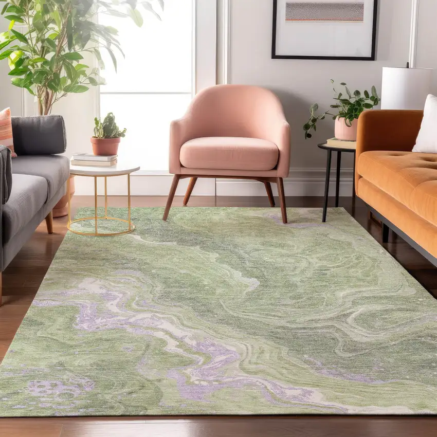 Artichoke Green Lavender And Ivory Abstract Washable Area Rug With UV Protection Photo 5