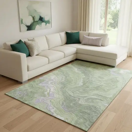 Artichoke Green Lavender And Ivory Abstract Washable Area Rug With UV Protection Photo 1